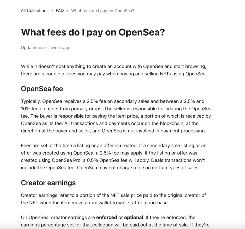 Screenshot of OpenSea fees description